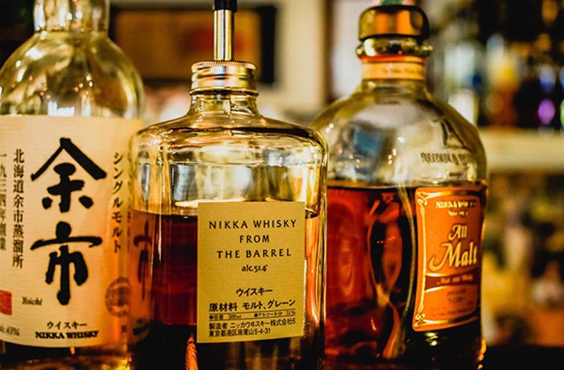 Closeup of whisky bottles