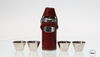 STAINLESS STEEL HUNTING FLASK WITH NIP CUPS WRAPPED IN BURGUNDY LEATHER STAINLESS STEEL HUNTING FLASK WITH NIP CUPS WRAPPED IN BURGUNDY LEATHER