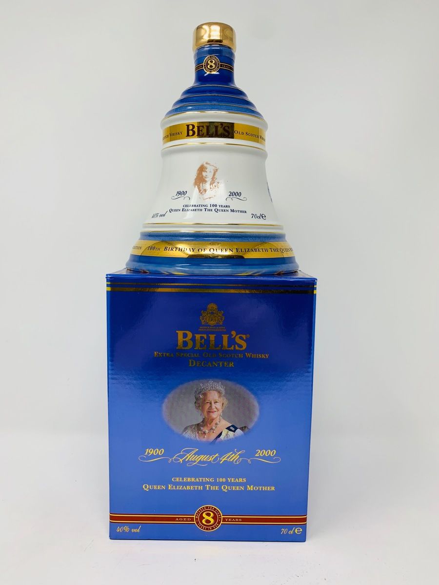 BELLS DECANTER "CELEBRATING 100 YEARS QUEEN ELIZABETH THE QUEEN MOTHER"