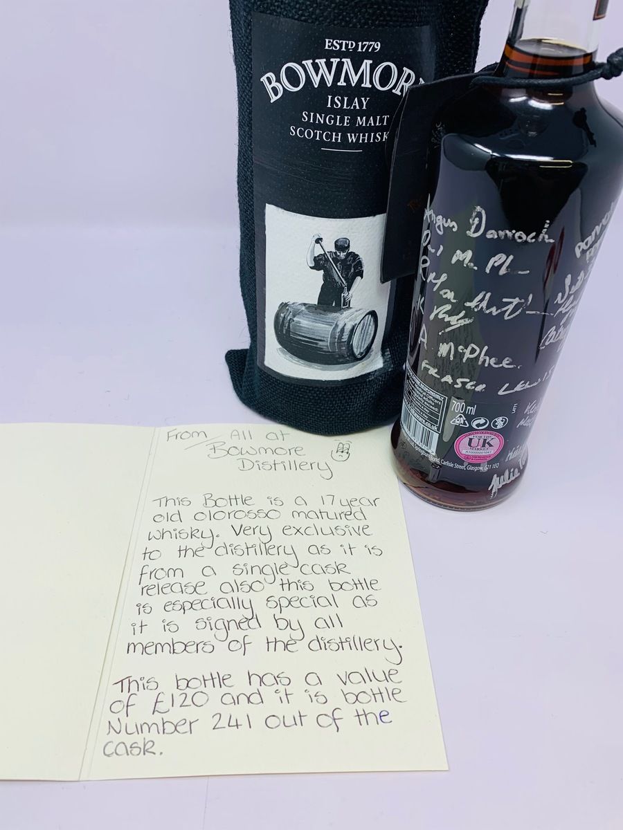 BOWMORE HAND FILLED 17 YEAR OLD #2495 OLOROSSO SHERRY CASK - SIGNED FUND RAISING BOTTLE 