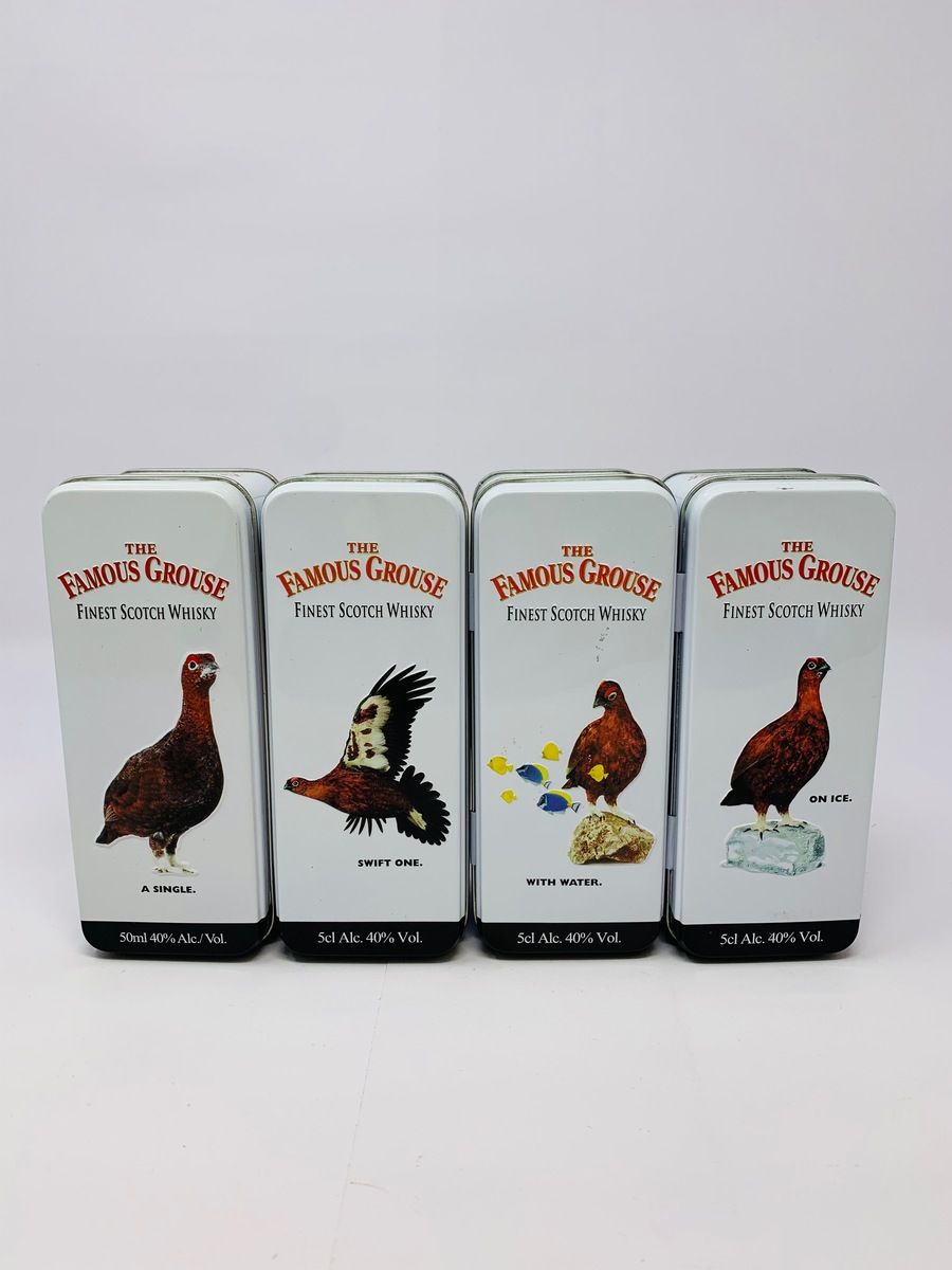 4 X FAMOUS GROUSE WHISKY MINIATURES WITH TINS