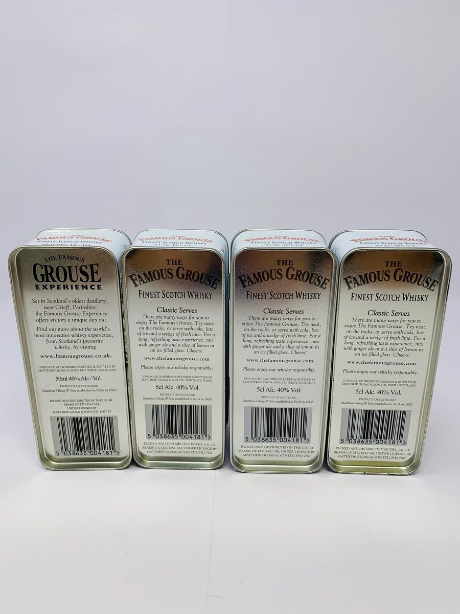 4 X FAMOUS GROUSE WHISKY MINIATURES WITH TINS