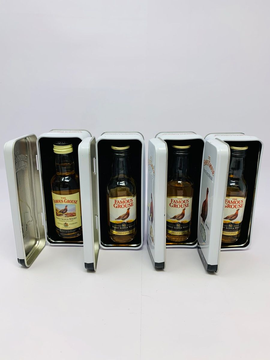 4 X FAMOUS GROUSE WHISKY MINIATURES WITH TINS