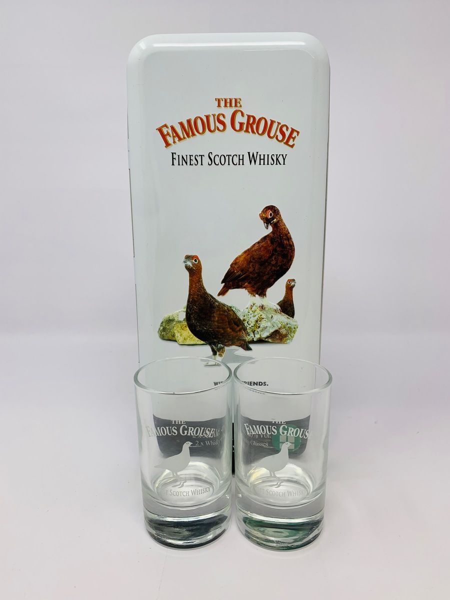 2 X FAMOUS GROUSE WHISKY MINIATURES WITH TIN AND GLASSES