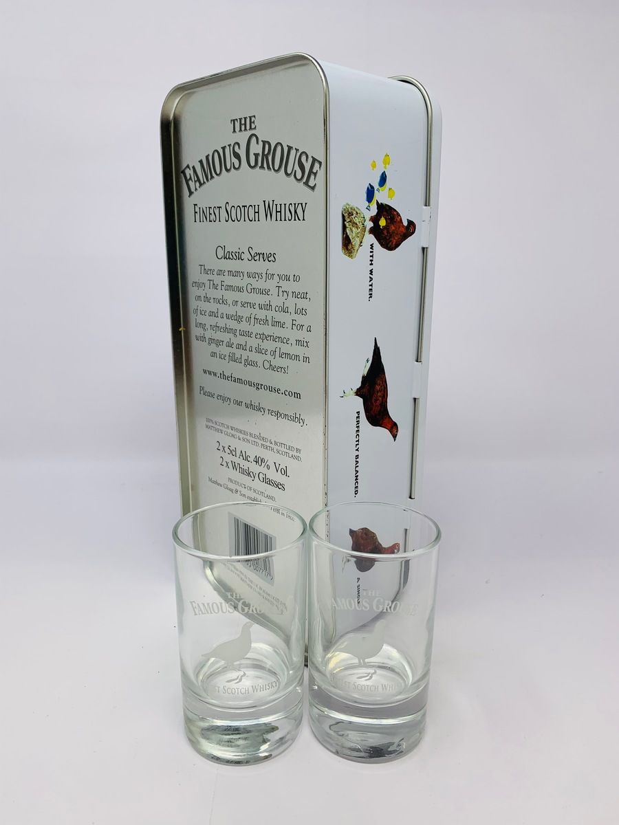 2 X FAMOUS GROUSE WHISKY MINIATURES WITH TIN AND GLASSES
