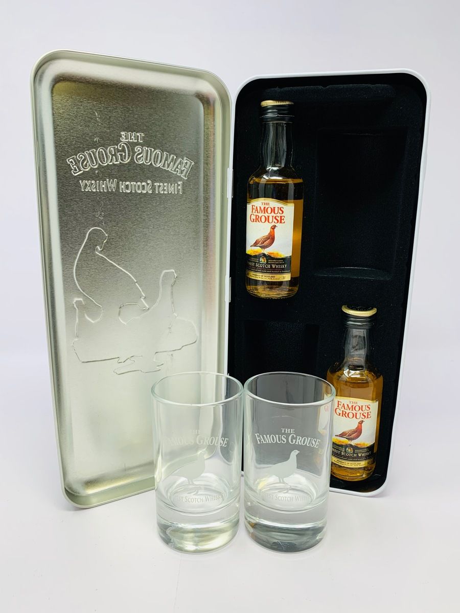 2 X FAMOUS GROUSE WHISKY MINIATURES WITH TIN AND GLASSES