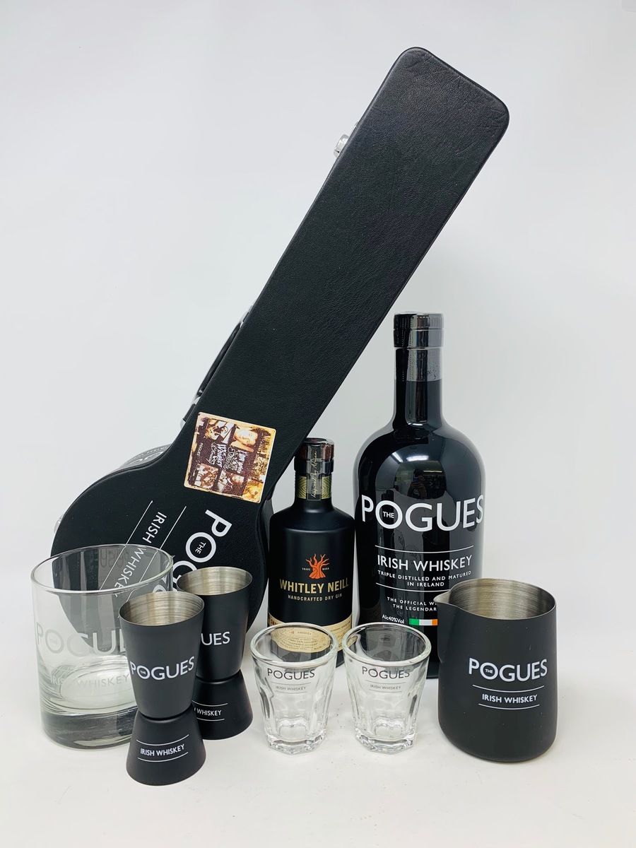 POGUES IRISH WHISKEY WITH BANJO CASE & ASSTD ITEMS