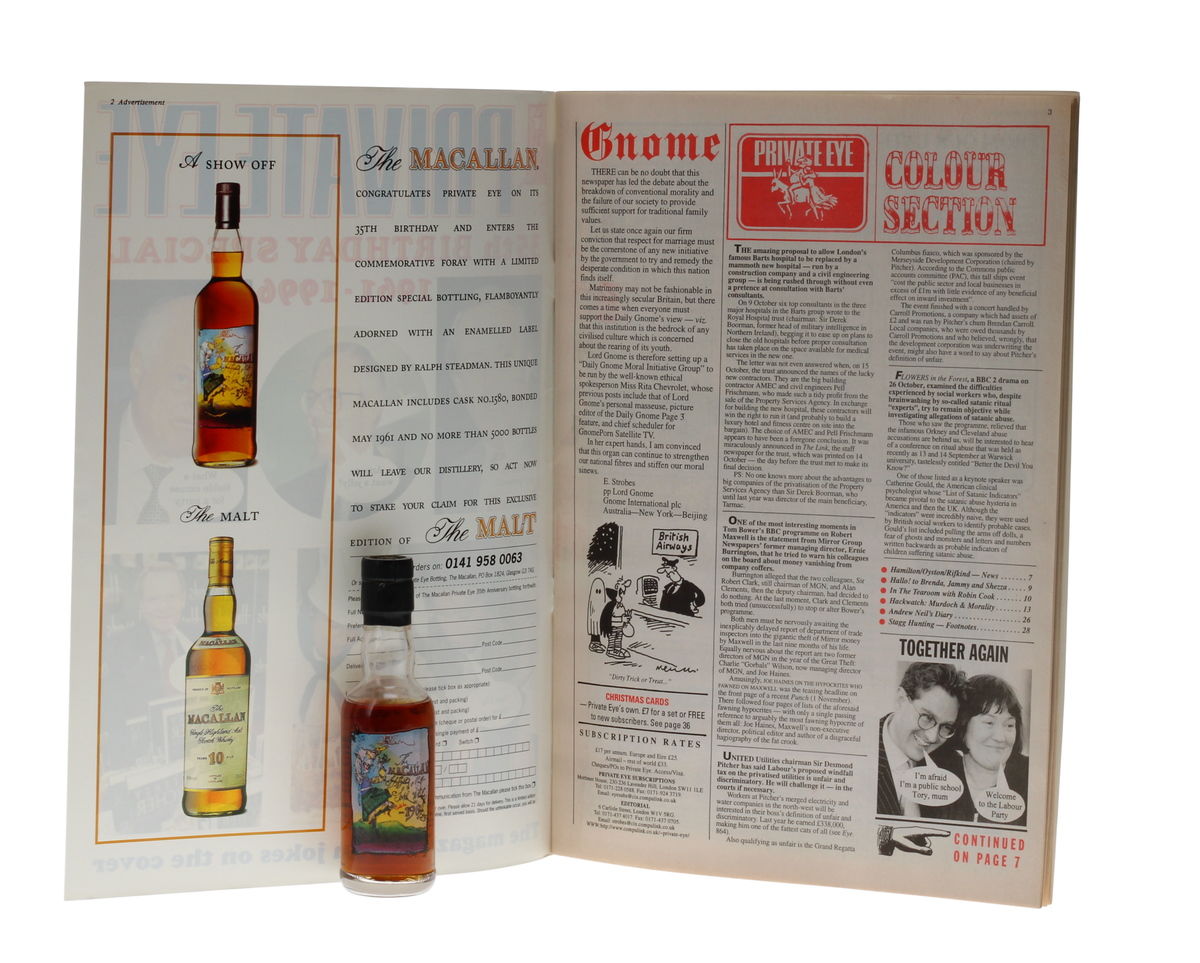 MACALLAN PRIVATE EYE MINIATURE & 35TH ANNIVERSARY EDITION OF PRIVATE EYE MAGAZINE