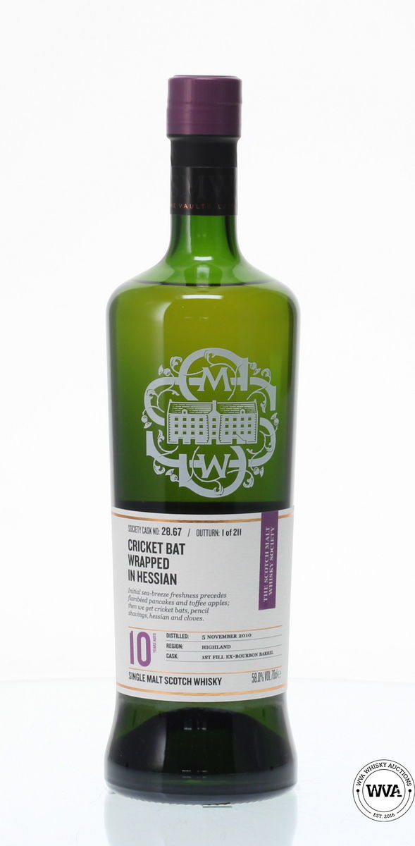 TULLIBARDINE 10 YEAR OLD SMWS 28.67 - CRICKET BAT WRAPPED IN HESSIAN