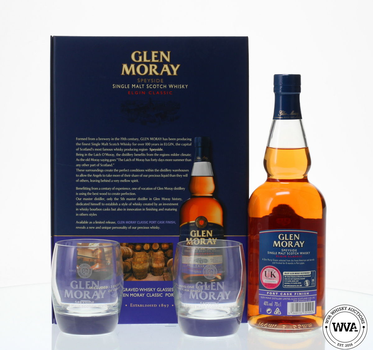 GLEN MORAY PORT CASK FINISH & 2 GLASSES GIFT SET