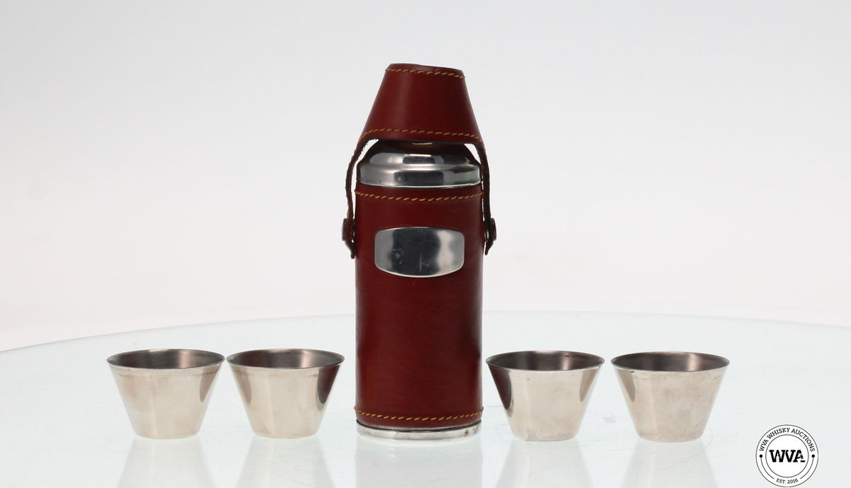 STAINLESS STEEL HUNTING FLASK WITH NIP CUPS WRAPPED IN BURGUNDY LEATHER