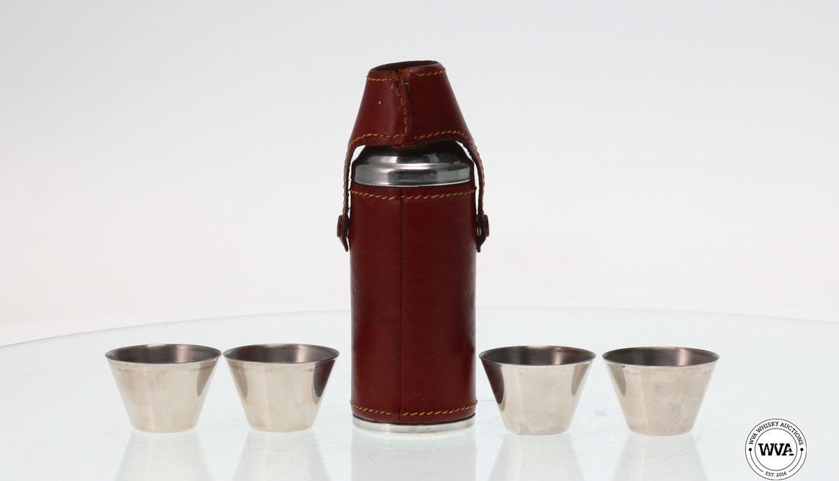 STAINLESS STEEL HUNTING FLASK WITH NIP CUPS WRAPPED IN BURGUNDY LEATHER