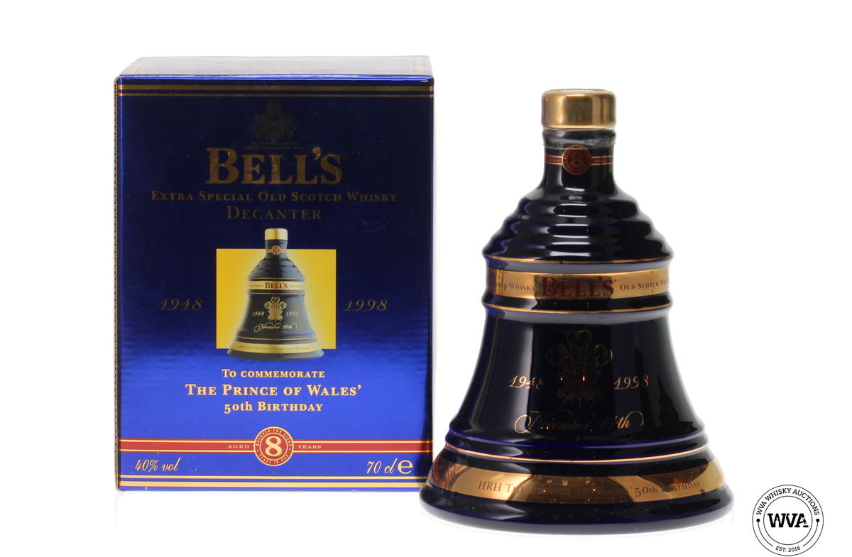 BELLS DECANTER 8 YEAR OLD "THE PRINCE OF WALES 50TH BIRTHDAY"