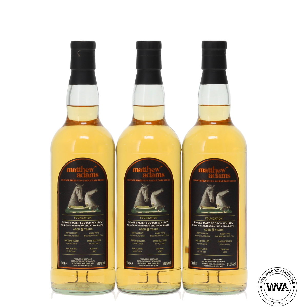 BRUICHLADDICH 9 YEAR OLD 2012 #1887 - MATTHEW ADAMS PRIVATE SELECTION (3X70CL)