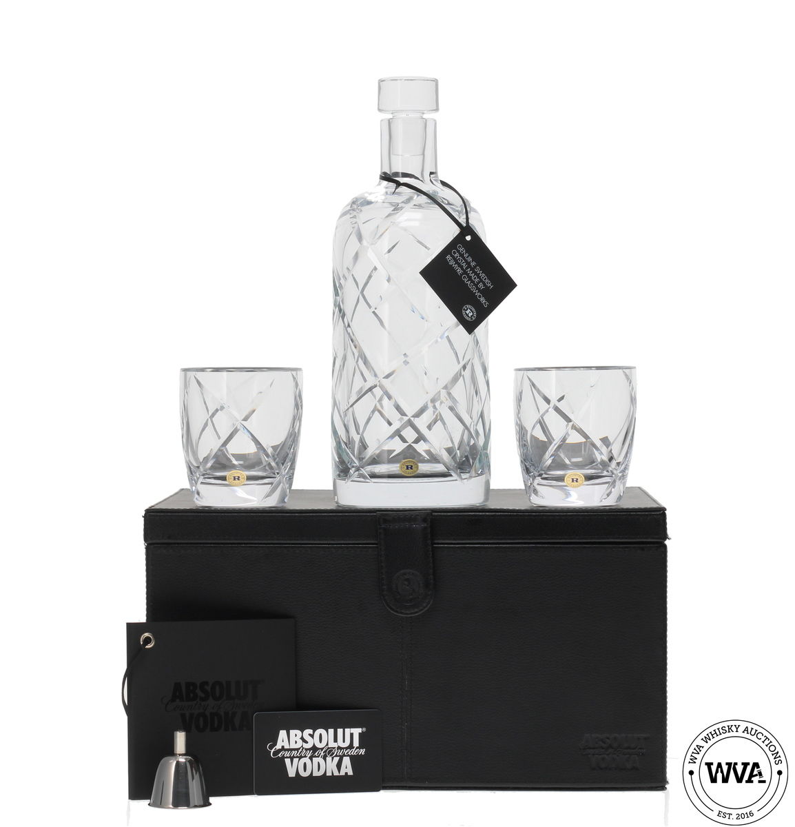 ABSOLUT VODKA - REIJMYRE GLASSWORKS GENUINE SWEDISH CRYSTAL DECANTER & GLASSES
