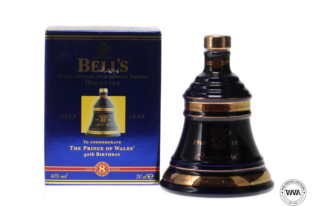 BELLS WADE DECANTER 8 YEAR OLD "THE PRINCE OF WALES 50TH BIRTHDAY"