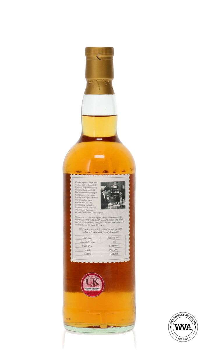 SPRINGBANK 28 YEAR OLD 1992 #185 - MILROYS VINTAGE CAMPBELTOWN RESERVE